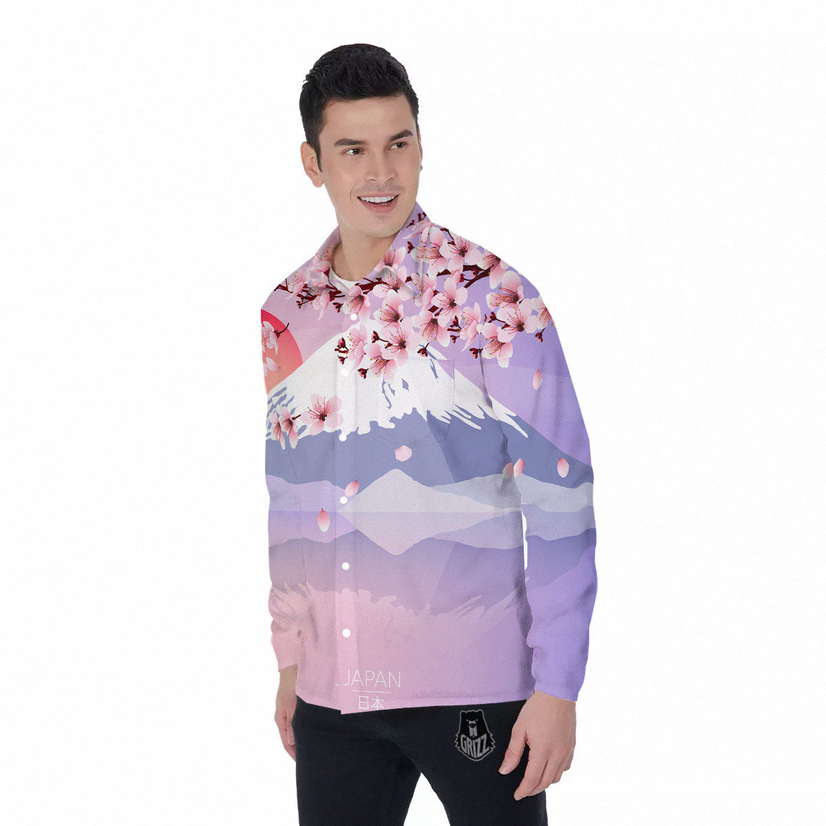 Fuji Mount And Cherry Blossom Print Men's Long Sleeve Shirts-grizzshop