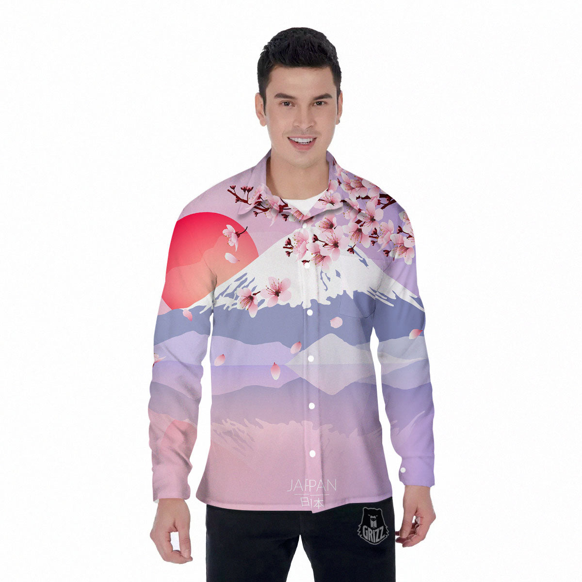 Fuji Mount And Cherry Blossom Print Men's Long Sleeve Shirts-grizzshop