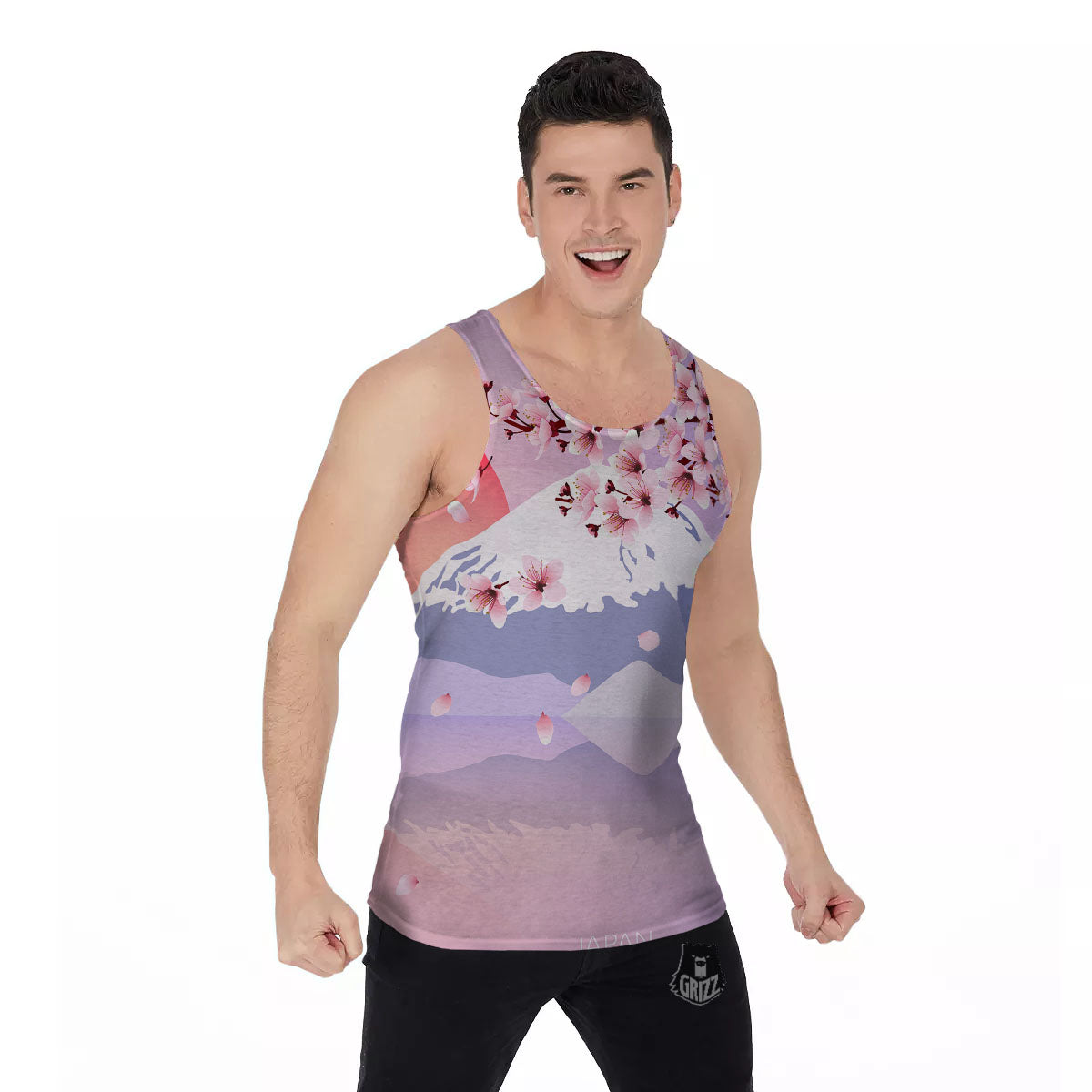 Fuji Mount And Cherry Blossom Print Men's Tank Top-grizzshop