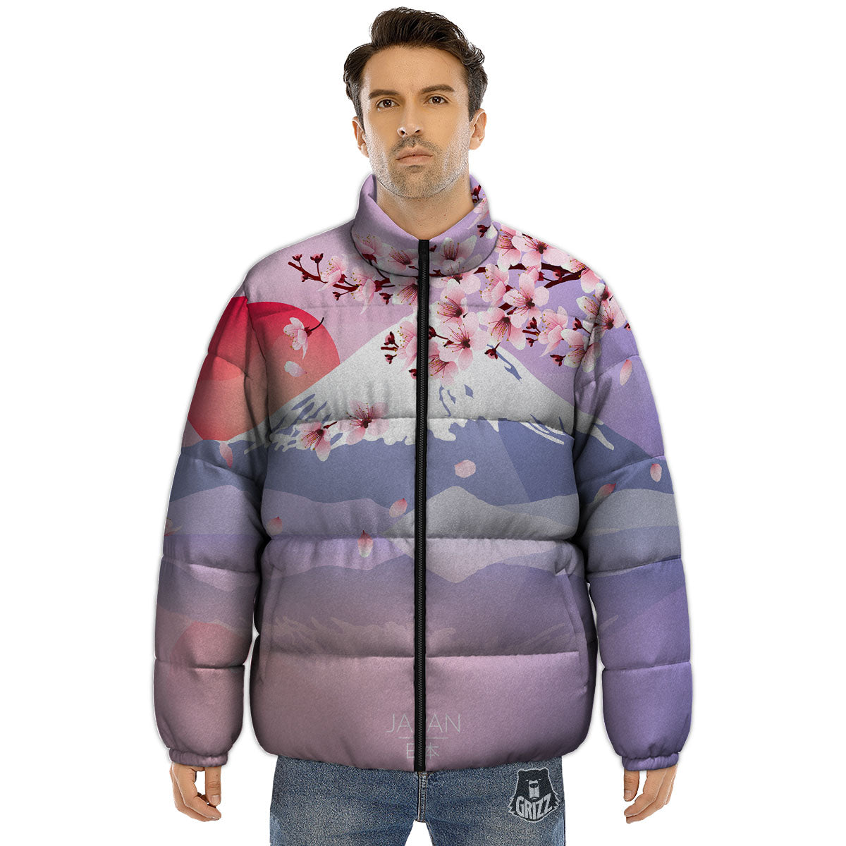 Fuji Mount And Cherry Blossom Print Puffer Jacket-grizzshop