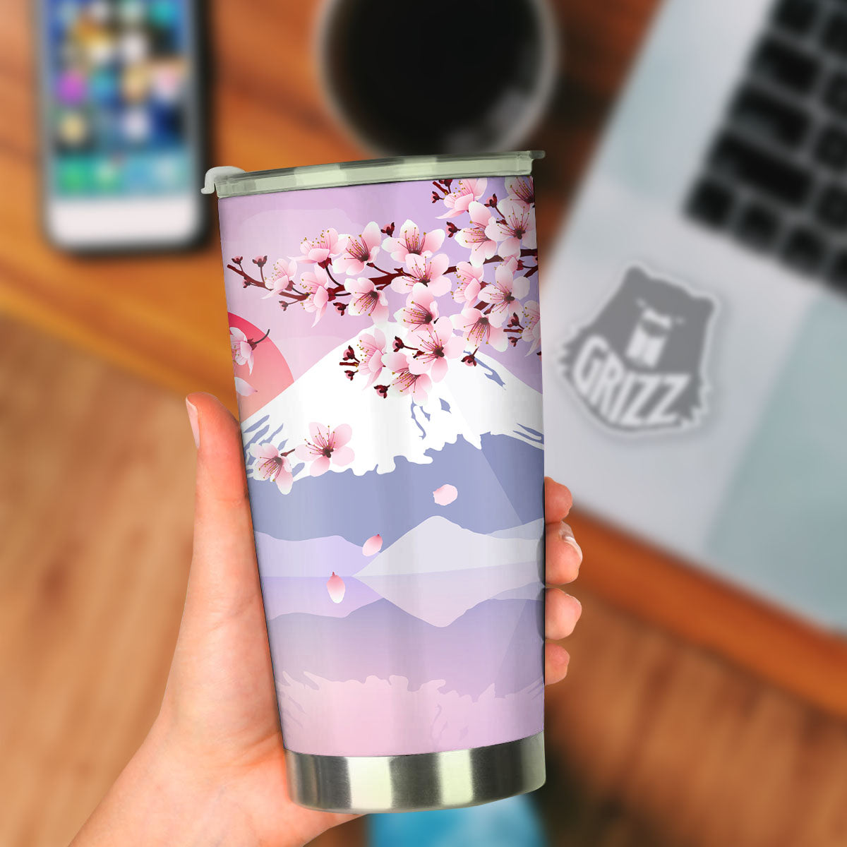 Fuji Mount And Cherry Blossom Print Tumbler-grizzshop