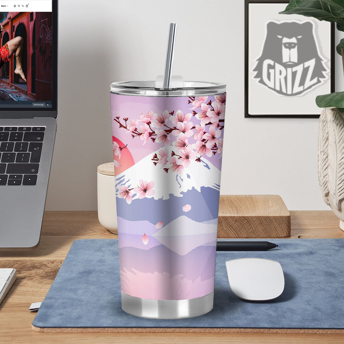 Fuji Mount And Cherry Blossom Print Tumbler-grizzshop