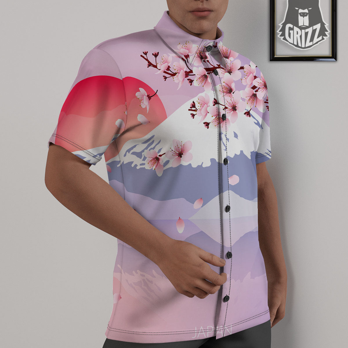 Fuji Mount And Cherry Blossom Print Untucked Shirts-grizzshop