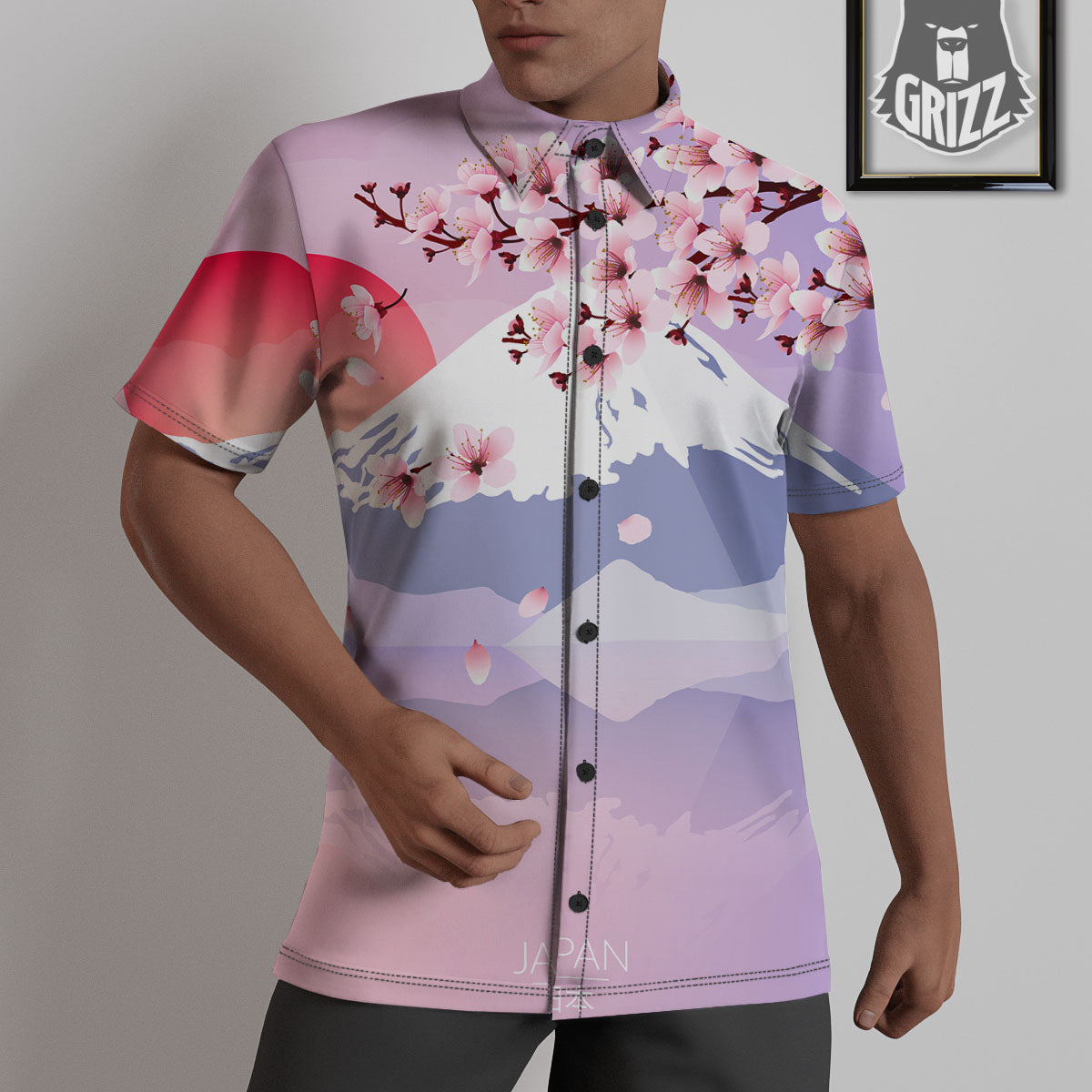 Fuji Mount And Cherry Blossom Print Untucked Shirts-grizzshop