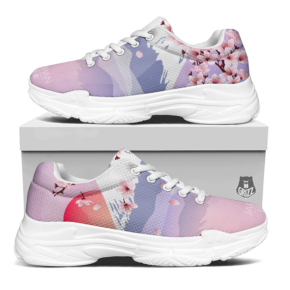 Fuji Mount And Cherry Blossom Print White Chunky Shoes-grizzshop
