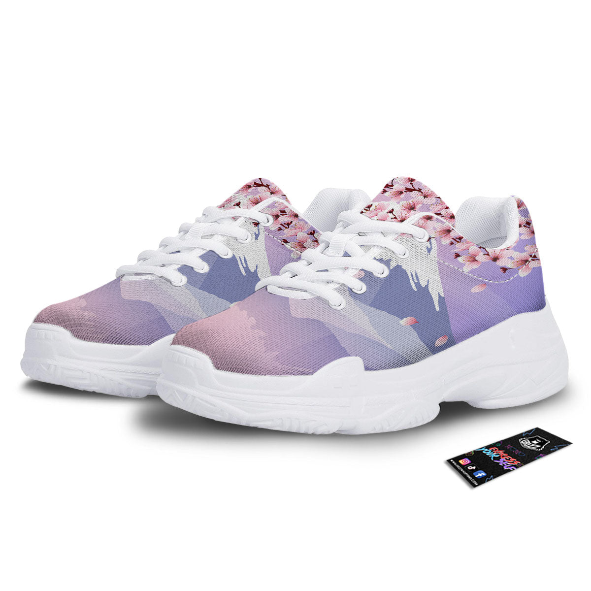 Fuji Mount And Cherry Blossom Print White Chunky Shoes-grizzshop