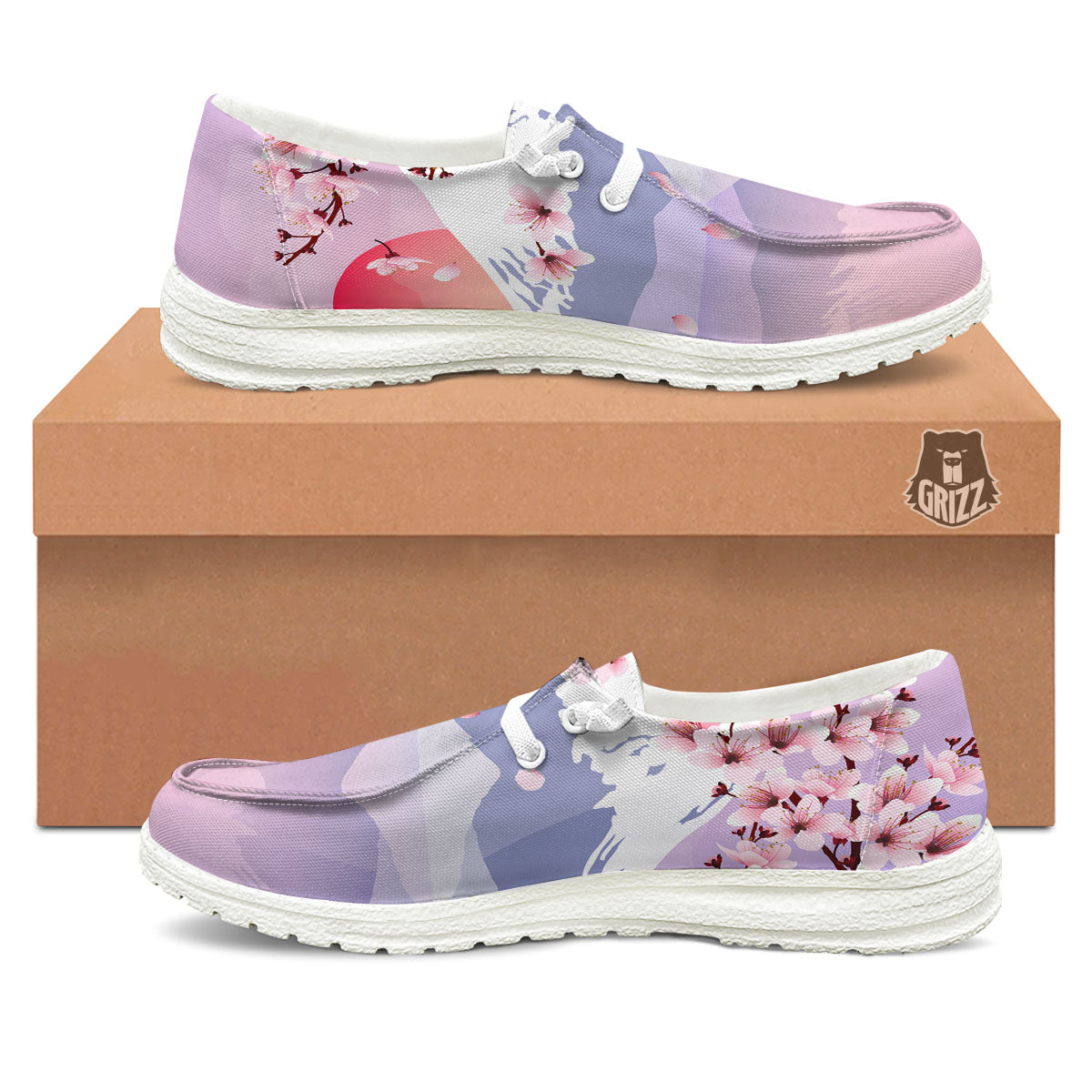 Fuji Mount And Cherry Blossom Print White Loafers-grizzshop