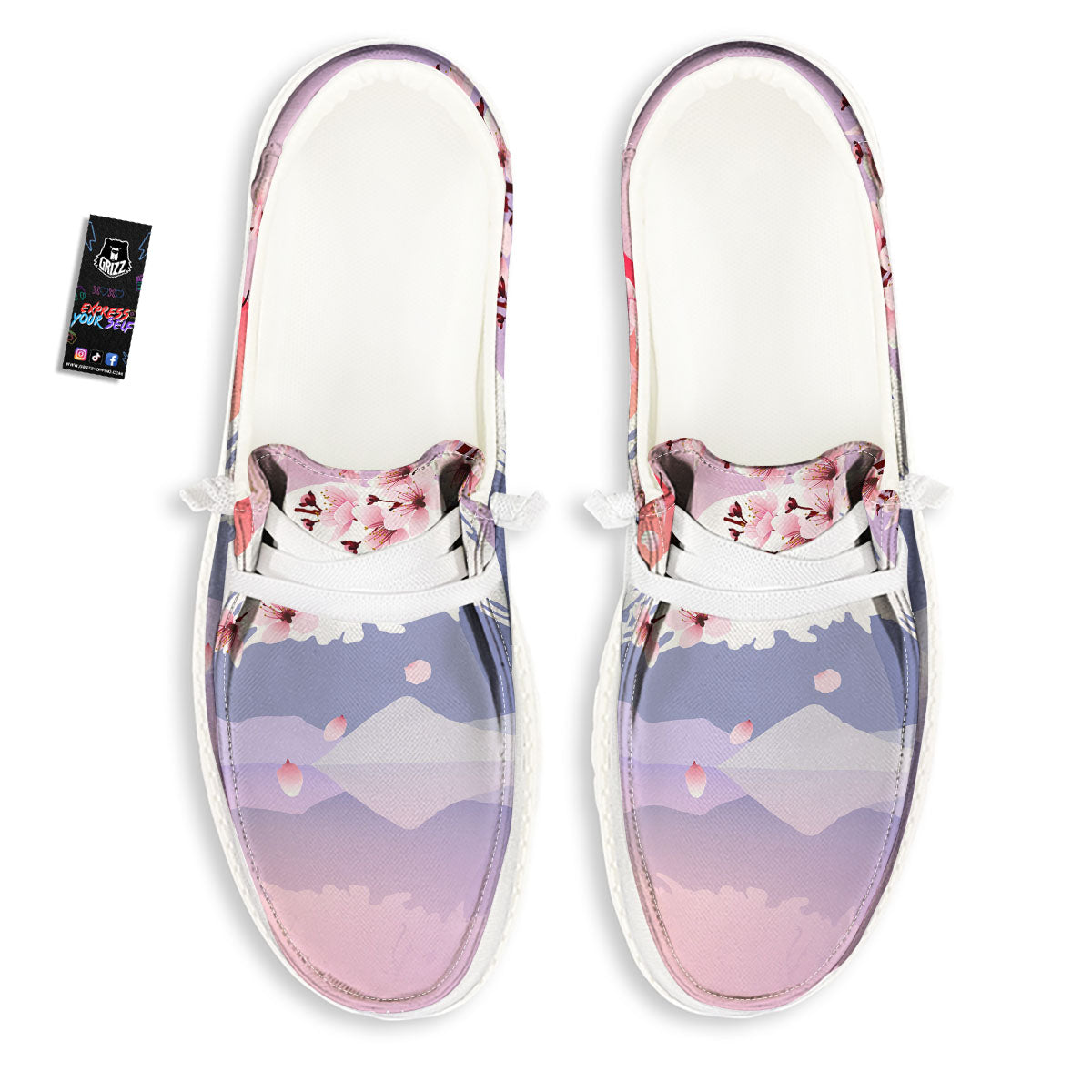 Fuji Mount And Cherry Blossom Print White Loafers-grizzshop