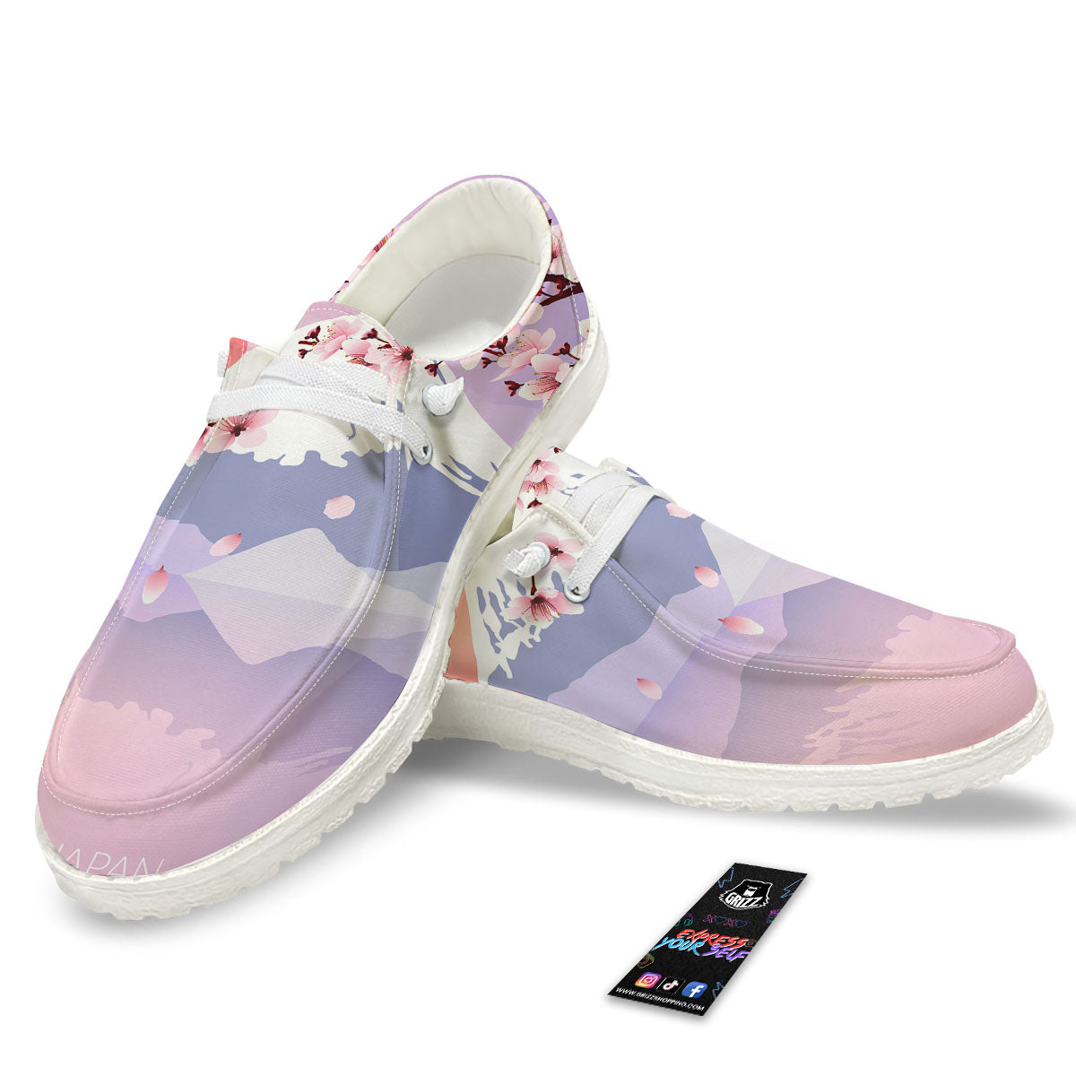 Fuji Mount And Cherry Blossom Print White Loafers-grizzshop
