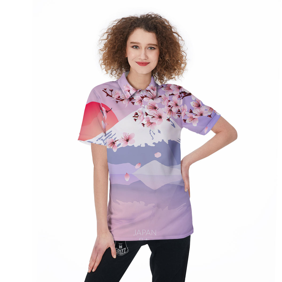 Fuji Mount And Cherry Blossom Print Women's Golf Shirts-grizzshop