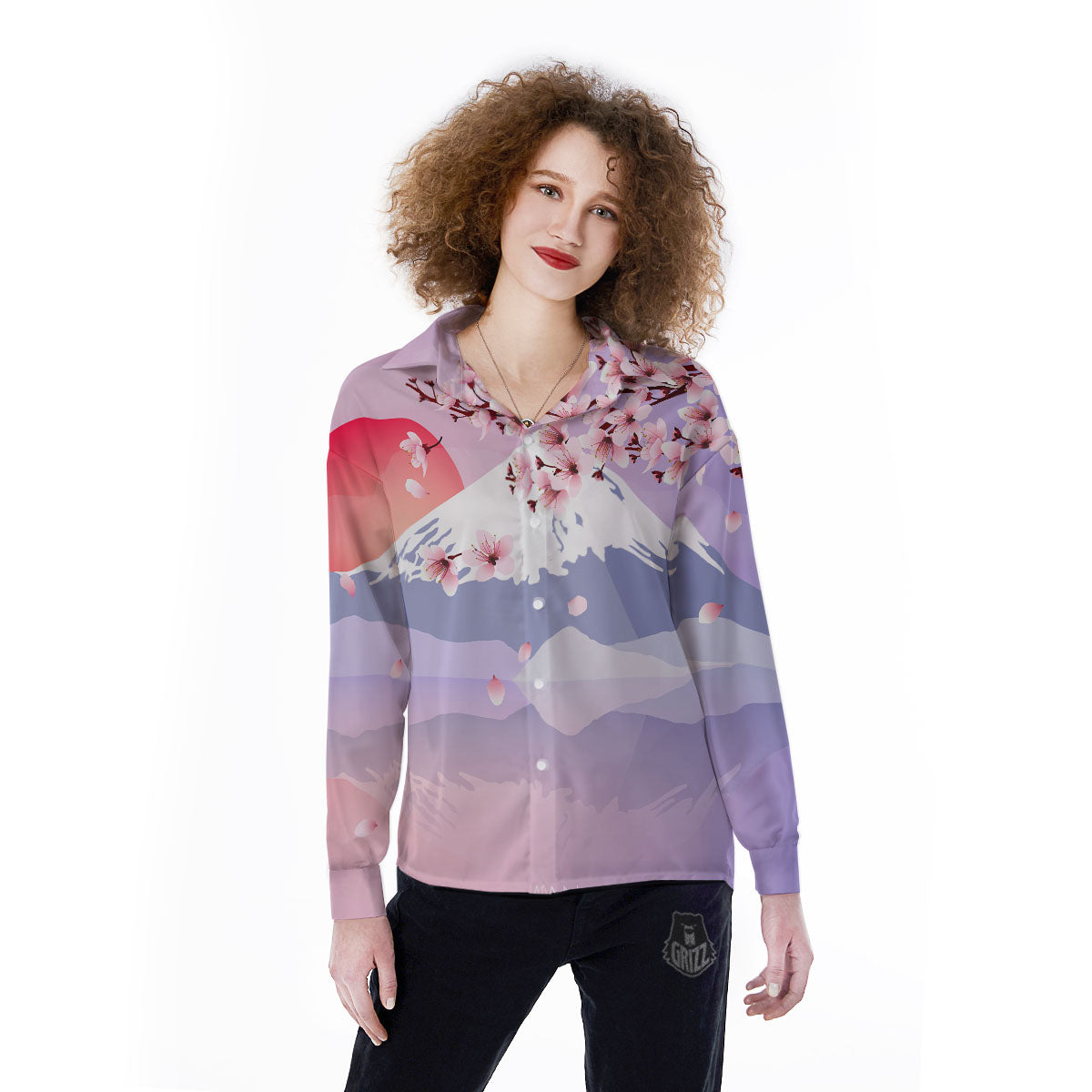 Fuji Mount And Cherry Blossom Print Women's Long Sleeve Shirts-grizzshop