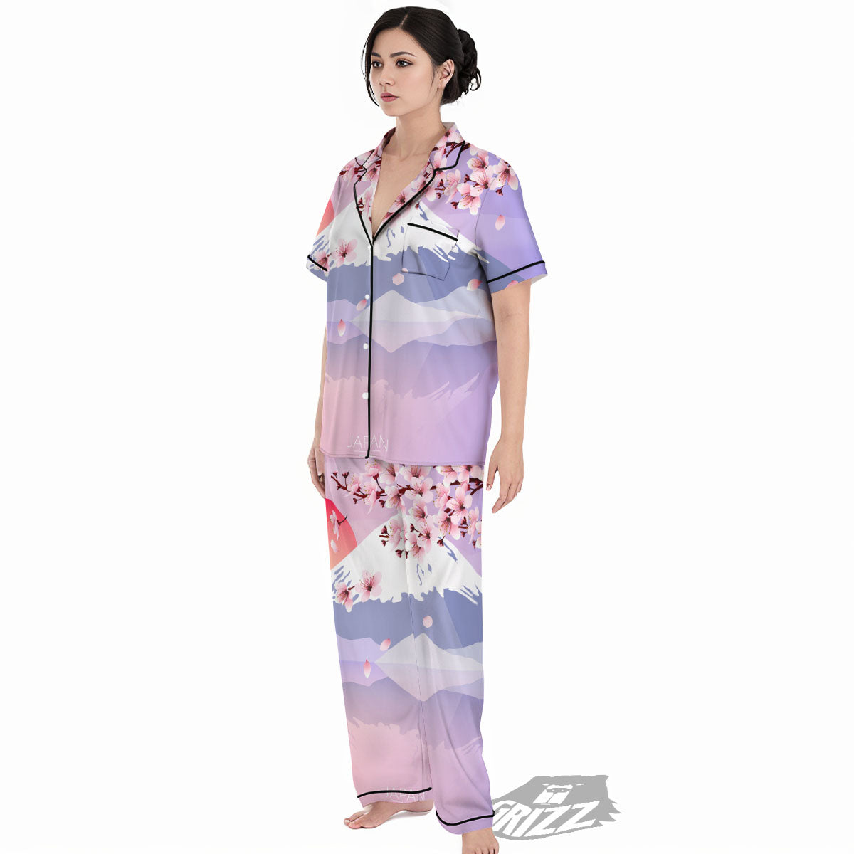 Fuji Mount And Cherry Blossom Print Women's Pajamas Set-grizzshop