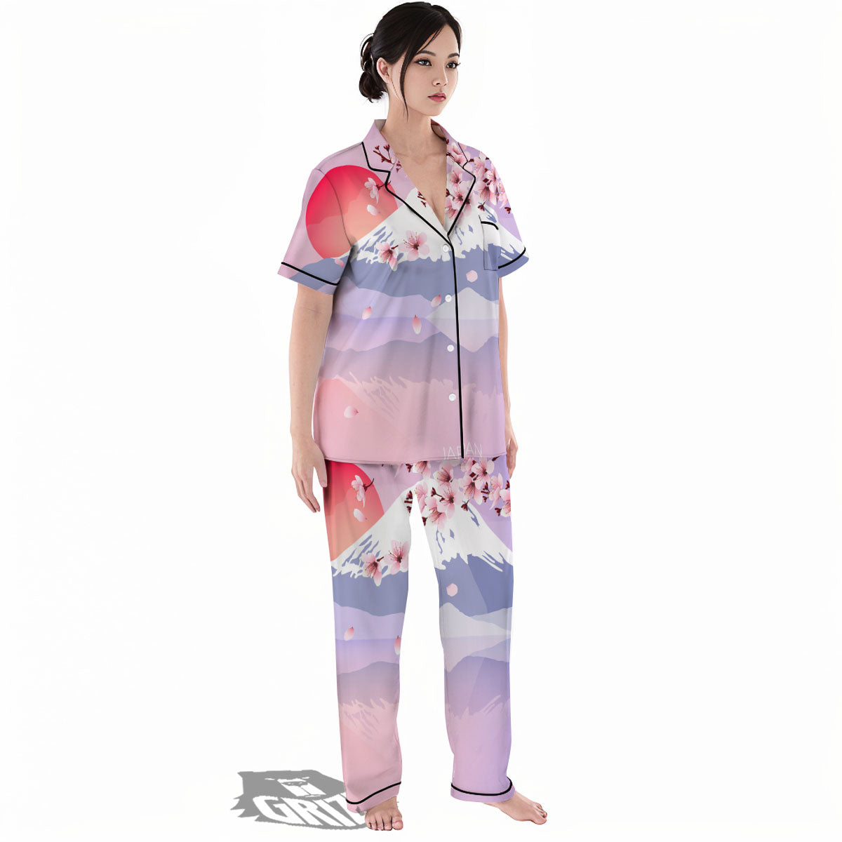 Fuji Mount And Cherry Blossom Print Women's Pajamas Set-grizzshop