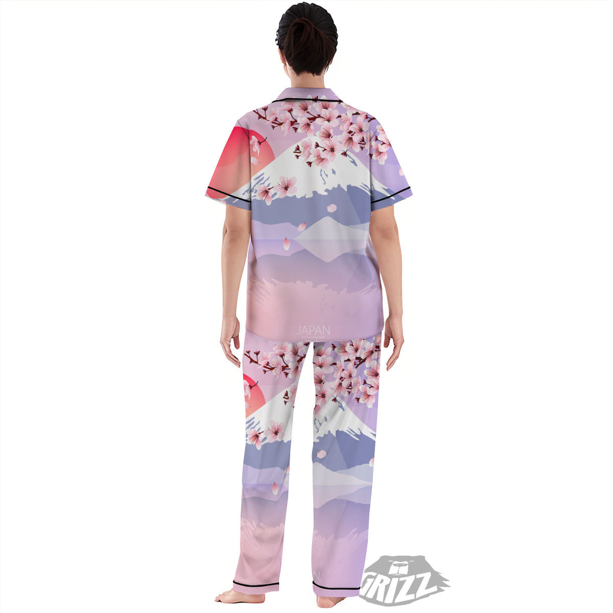 Fuji Mount And Cherry Blossom Print Women's Pajamas Set-grizzshop