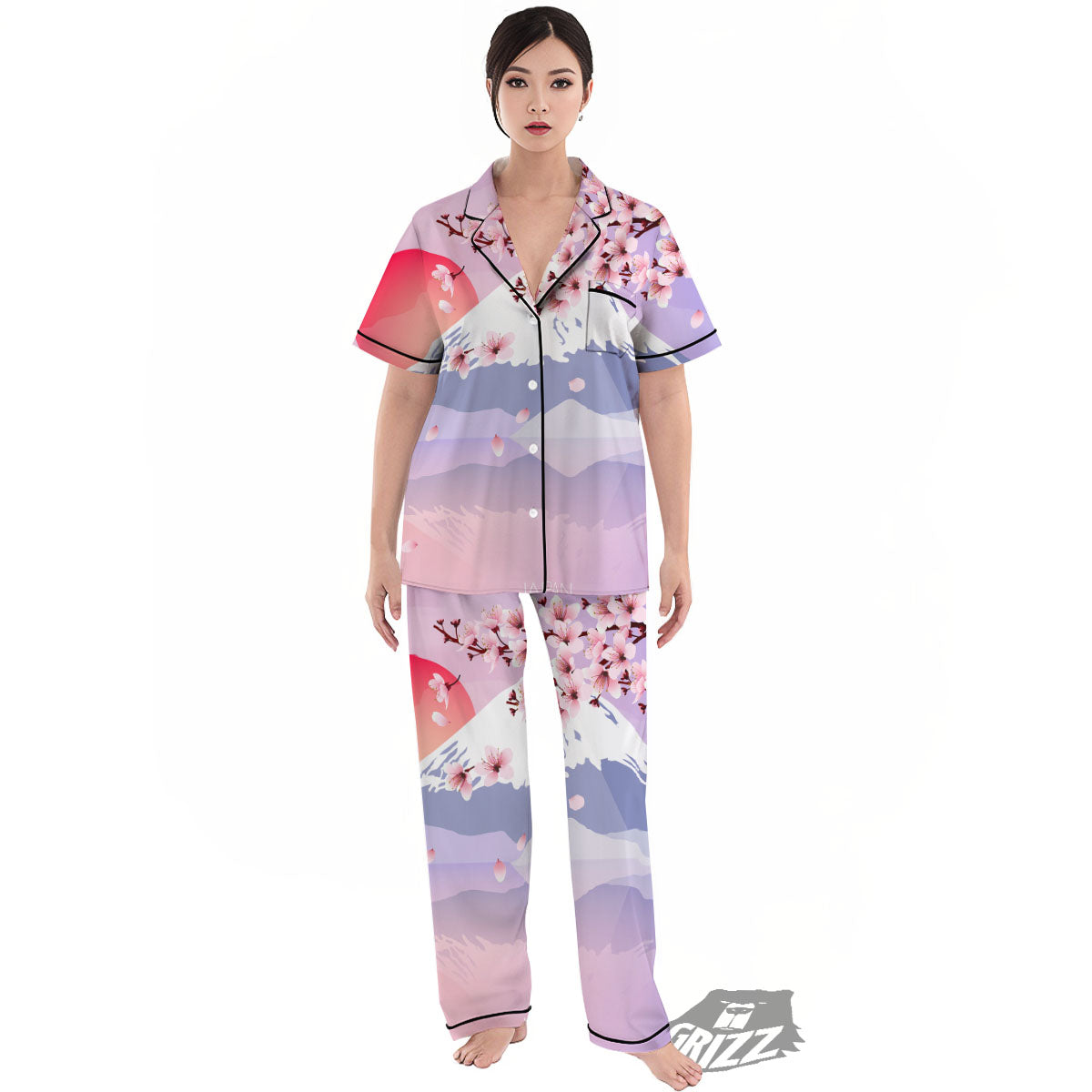 Fuji Mount And Cherry Blossom Print Women's Pajamas Set-grizzshop