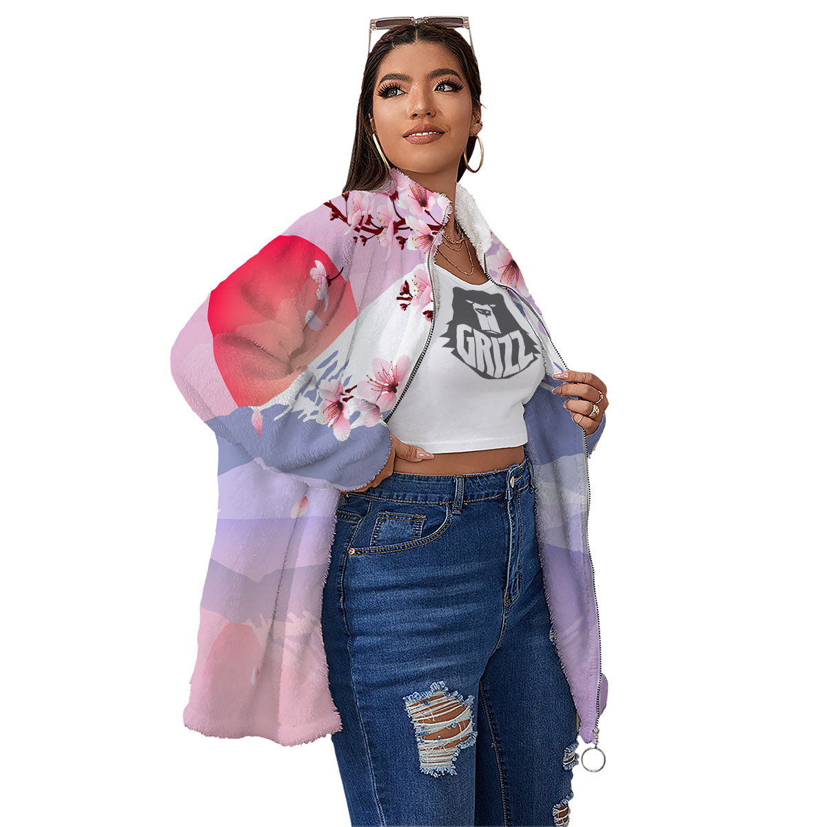 Fuji Mount And Cherry Blossom Print Women's Sherpa Jacket-grizzshop