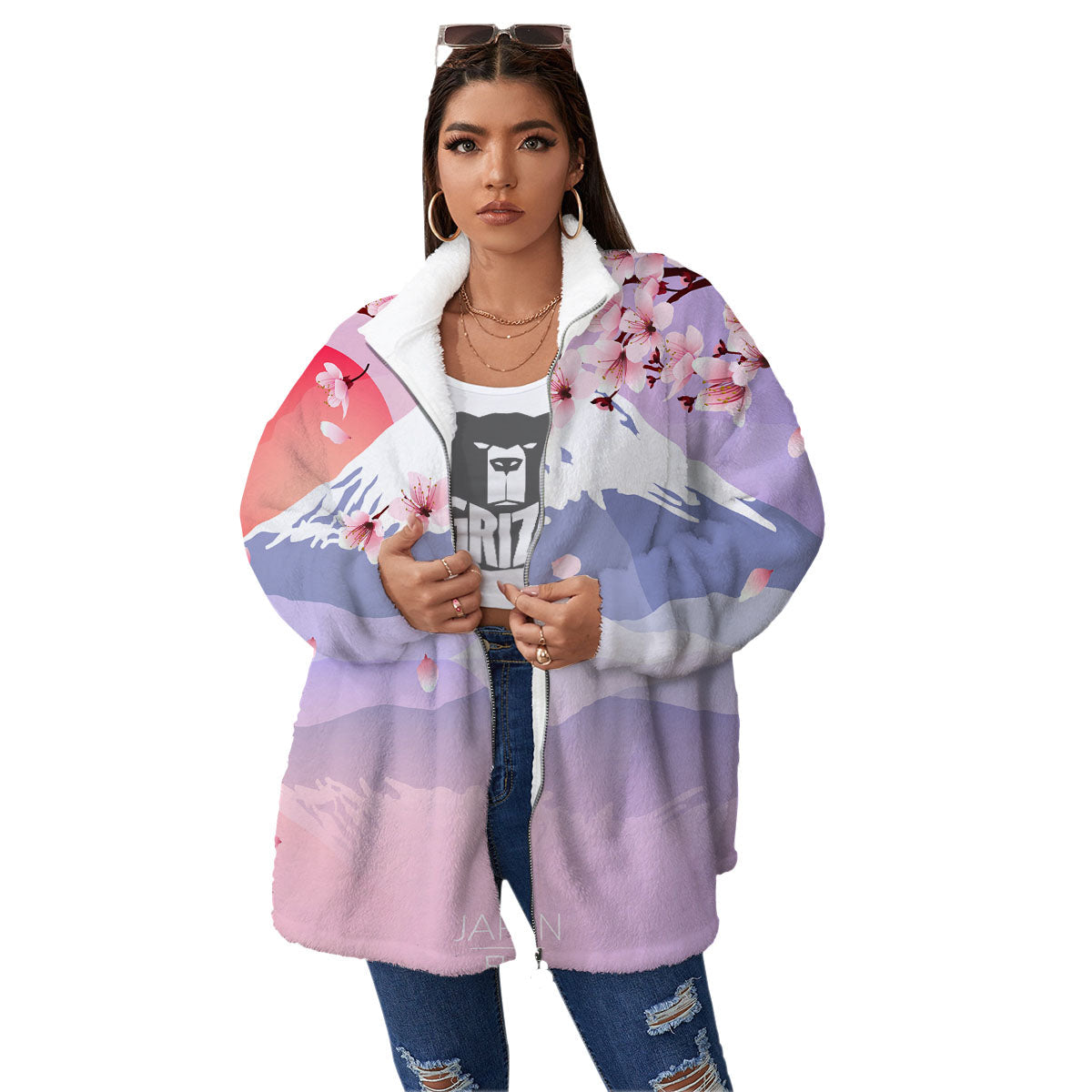 Fuji Mount And Cherry Blossom Print Women's Sherpa Jacket-grizzshop