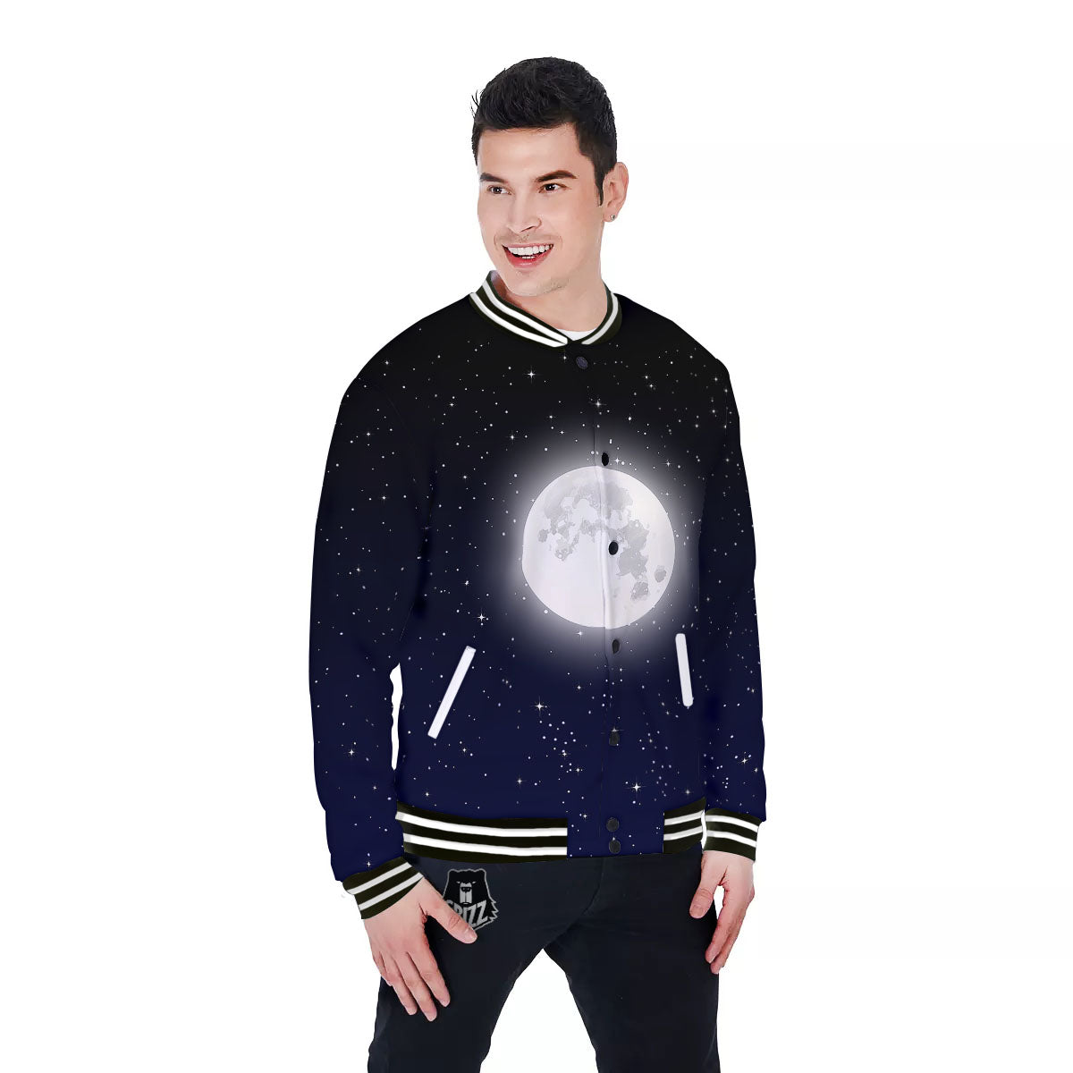 Full Moon And Night Stars Print Baseball Jacket-grizzshop