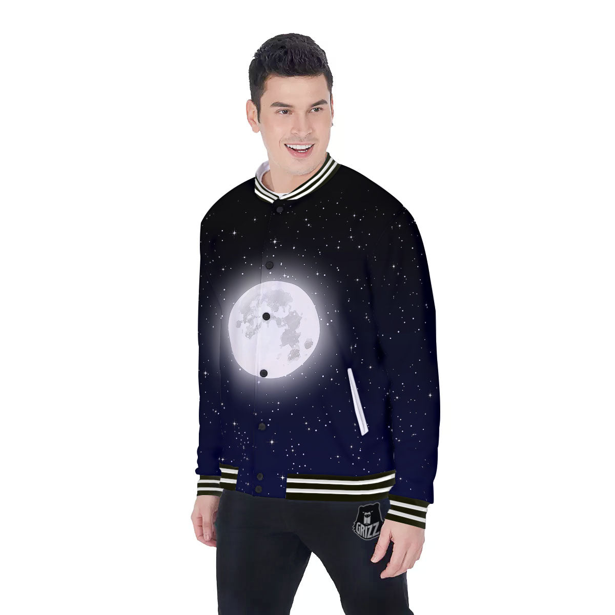 Full Moon And Night Stars Print Baseball Jacket-grizzshop