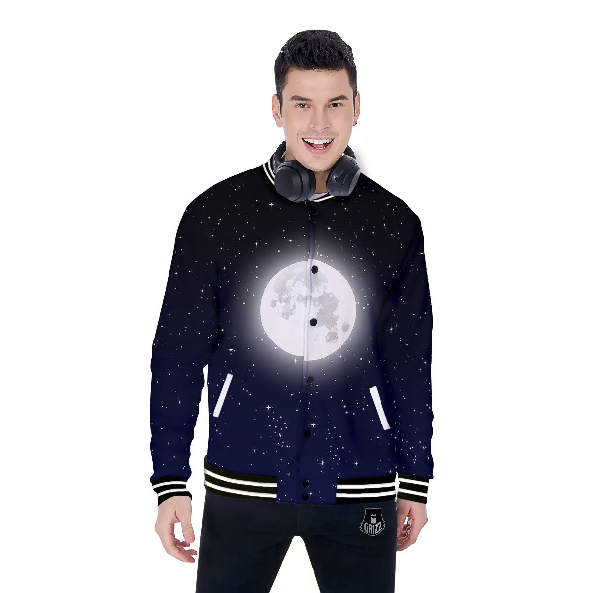 Full Moon And Night Stars Print Baseball Jacket-grizzshop