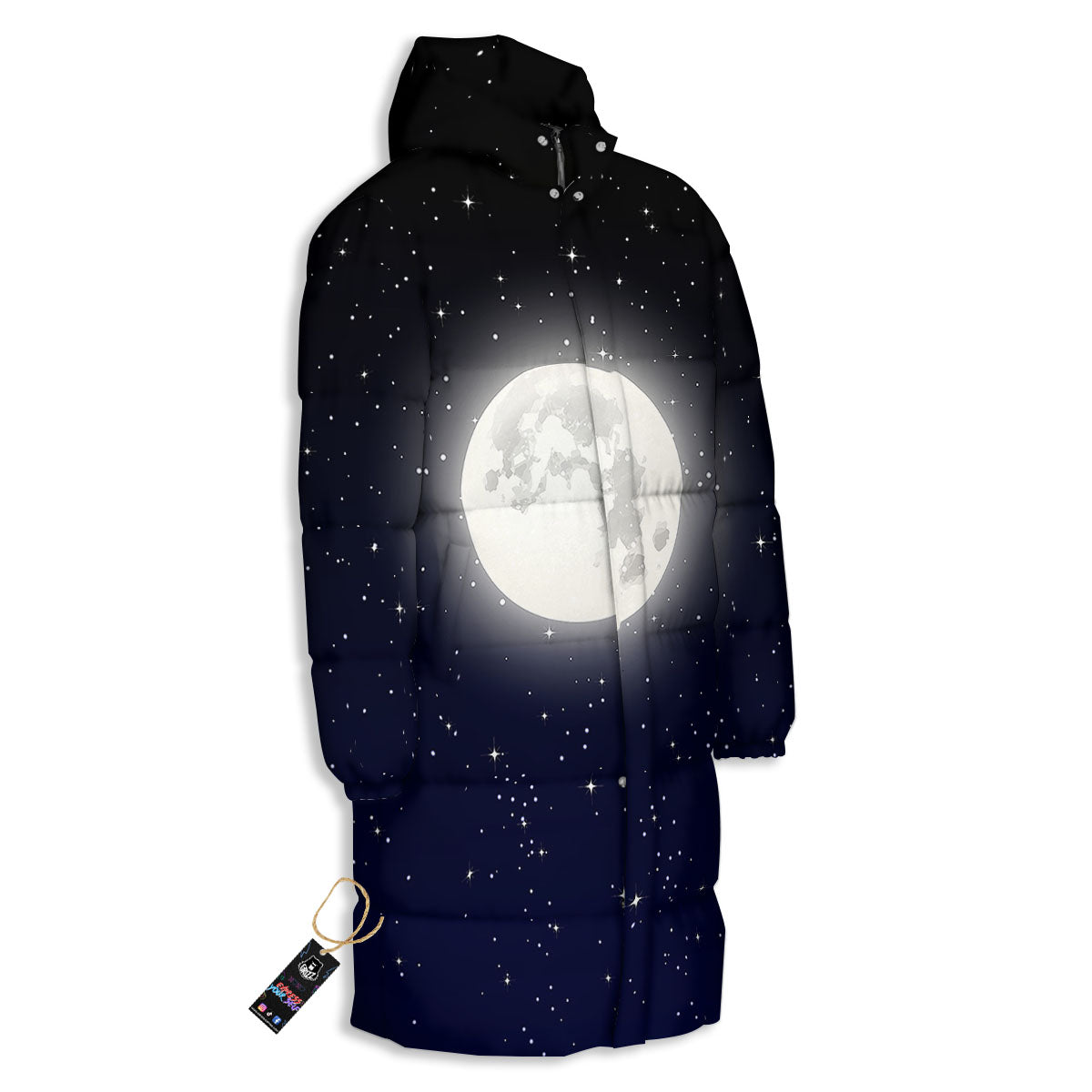Full Moon And Night Stars Print Long Down Jacket-grizzshop