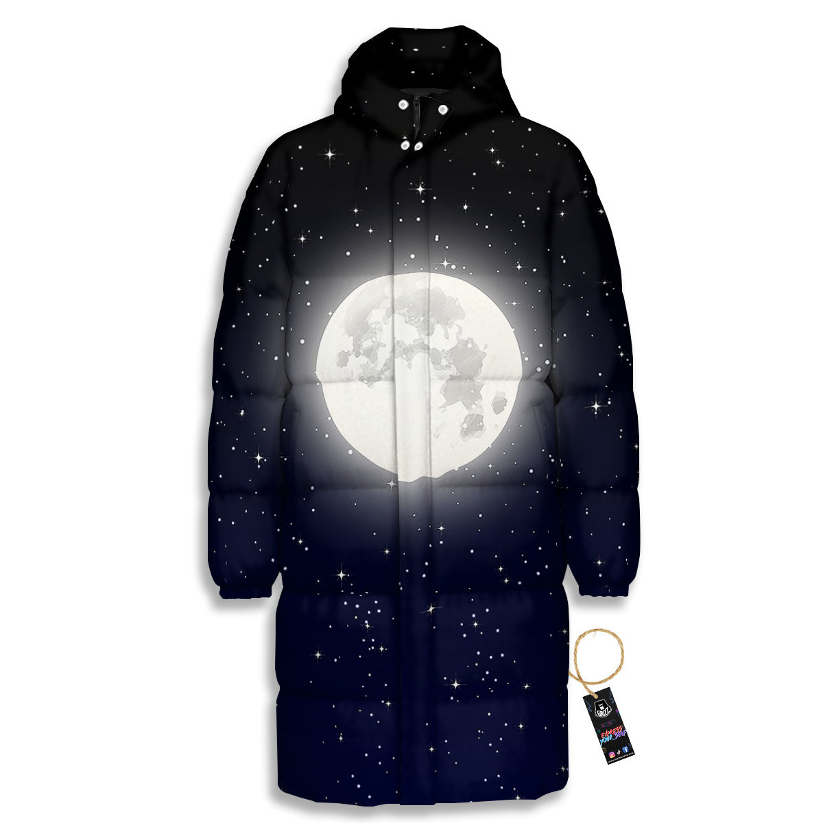 Full Moon And Night Stars Print Long Down Jacket-grizzshop