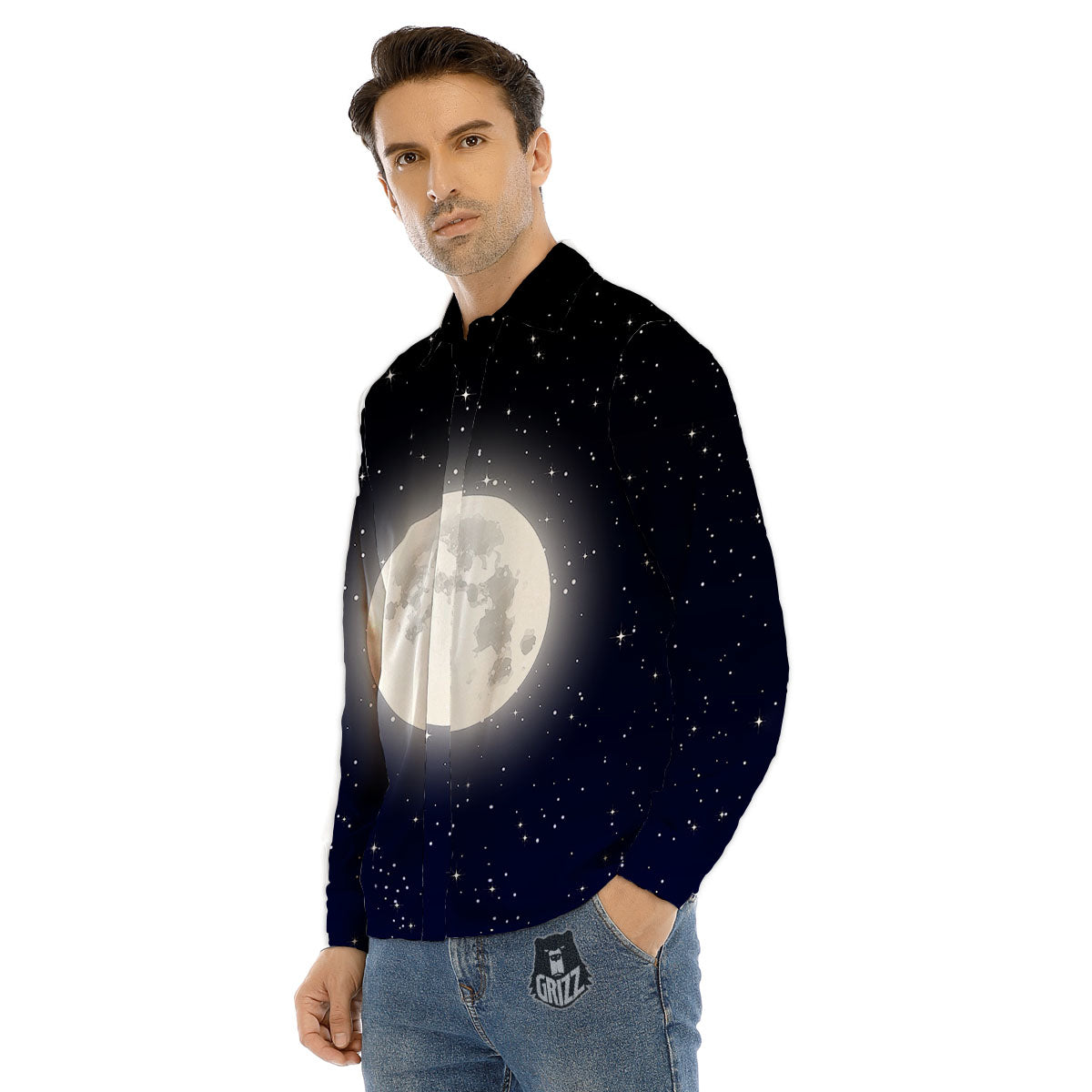 Full Moon And Night Stars Print Men's Dress Shirts-grizzshop