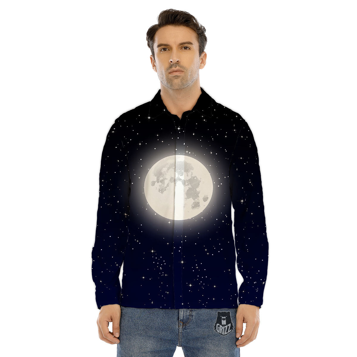 Full Moon And Night Stars Print Men's Dress Shirts-grizzshop