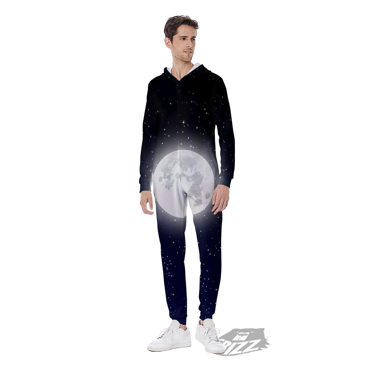 Full Moon And Night Stars Print Men's Jumpsuit-grizzshop