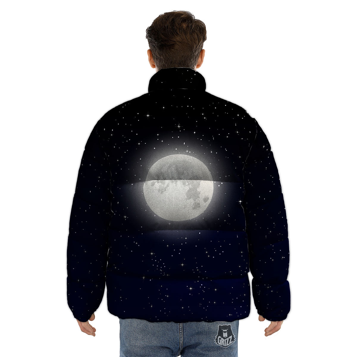 Full Moon And Night Stars Print Puffer Jacket-grizzshop
