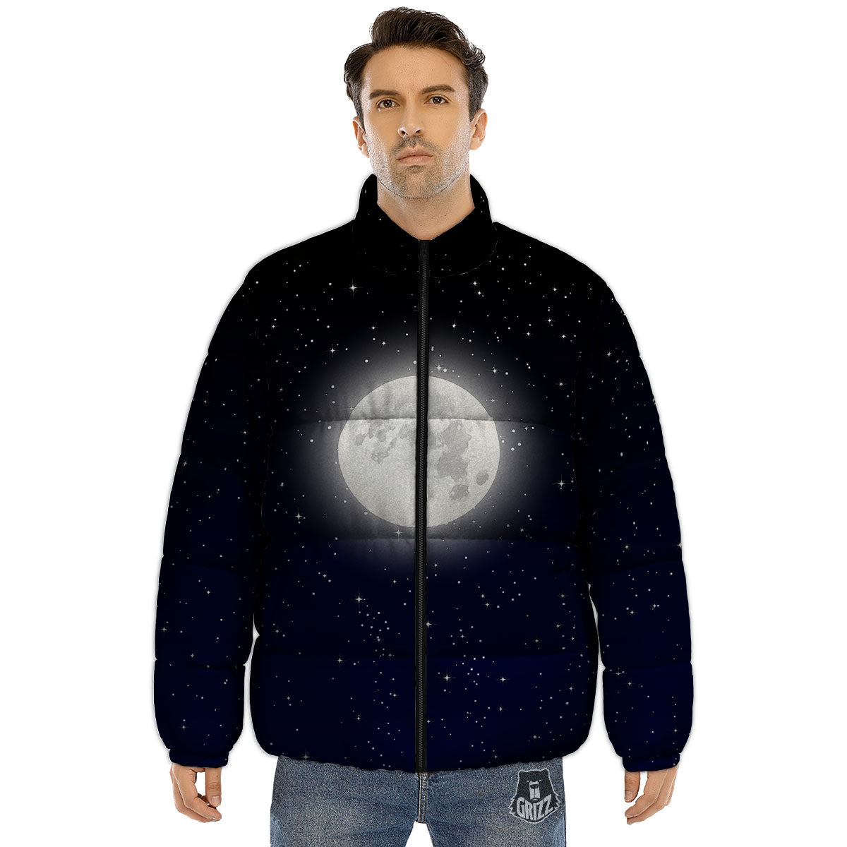 Full Moon And Night Stars Print Puffer Jacket-grizzshop