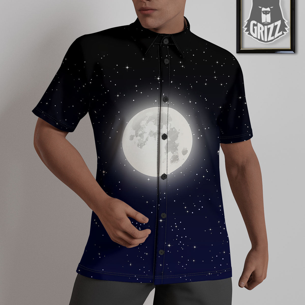 Full Moon And Night Stars Print Untucked Shirts-grizzshop