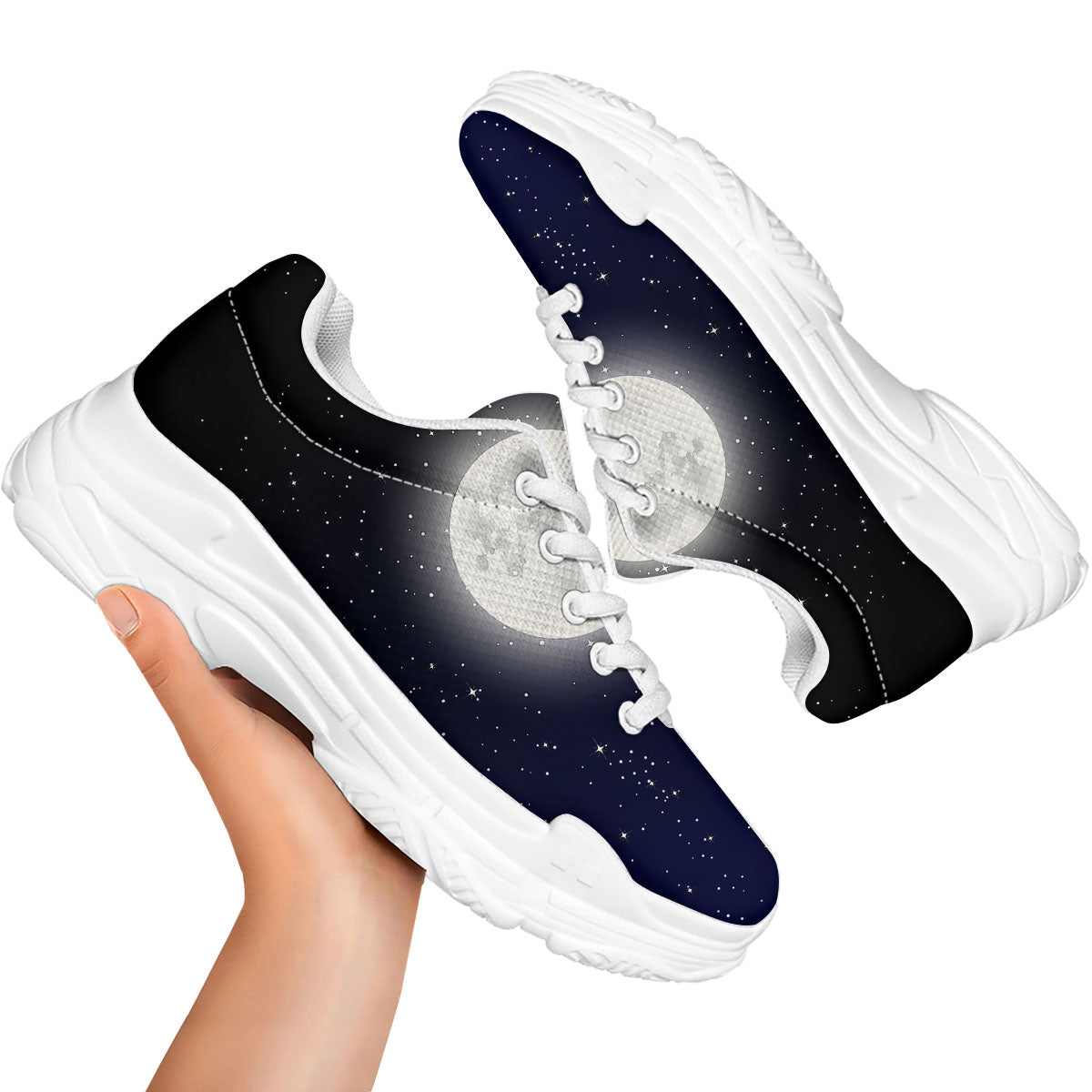 Full Moon And Night Stars Print White Chunky Shoes-grizzshop