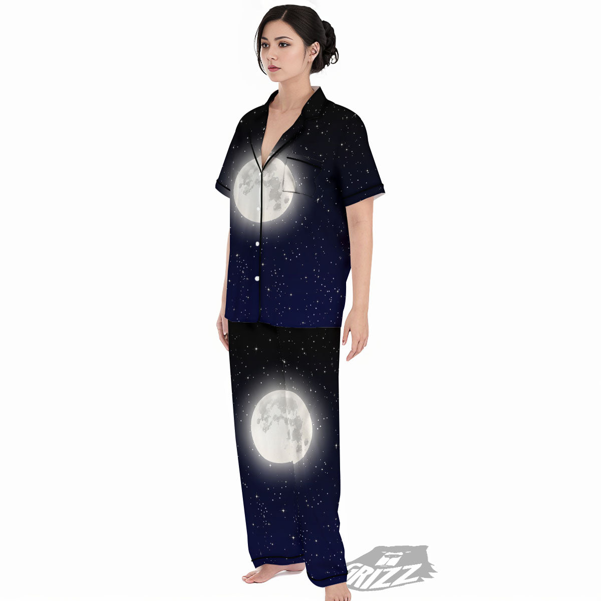 Full Moon And Night Stars Print Women's Pajamas Set-grizzshop