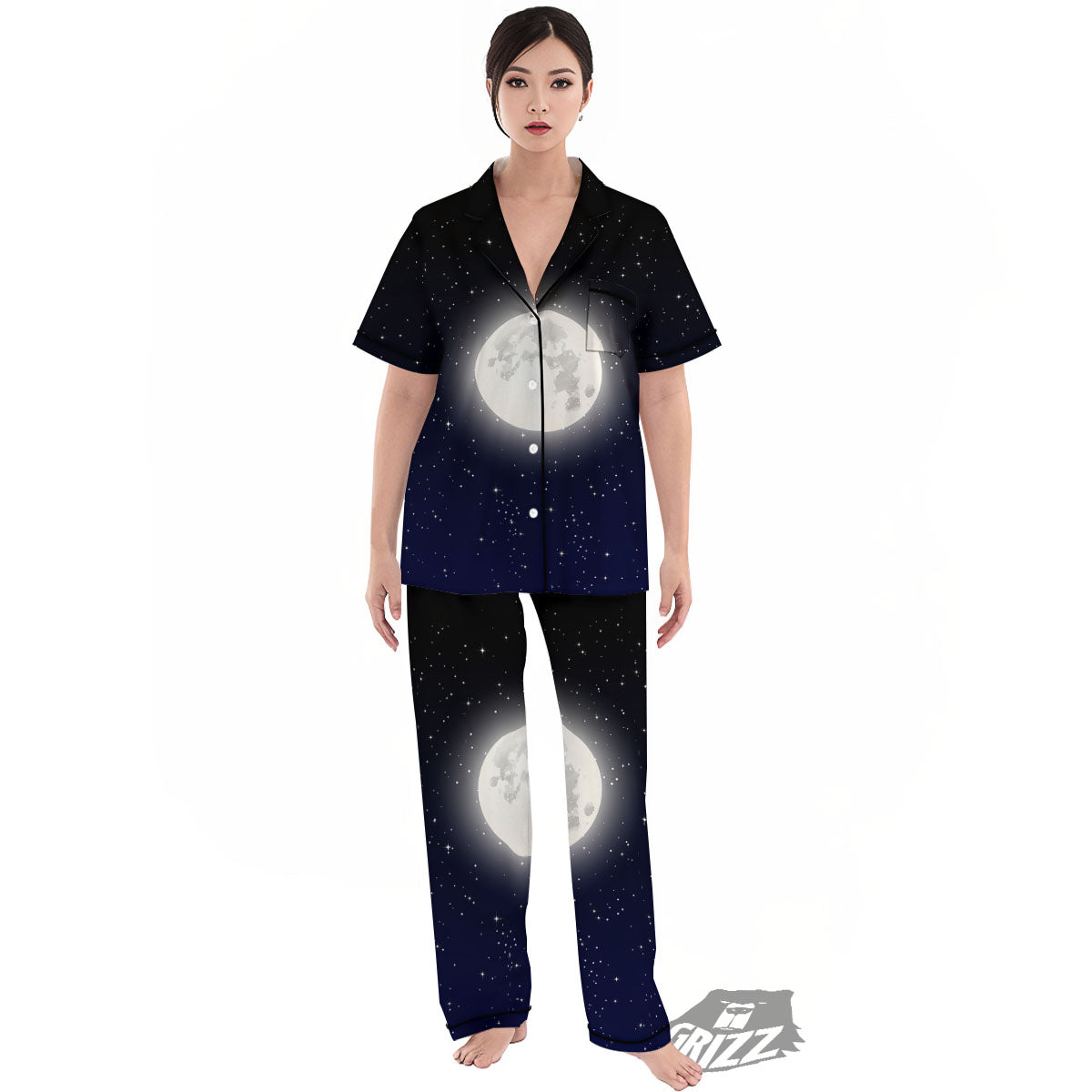 Full Moon And Night Stars Print Women's Pajamas Set-grizzshop
