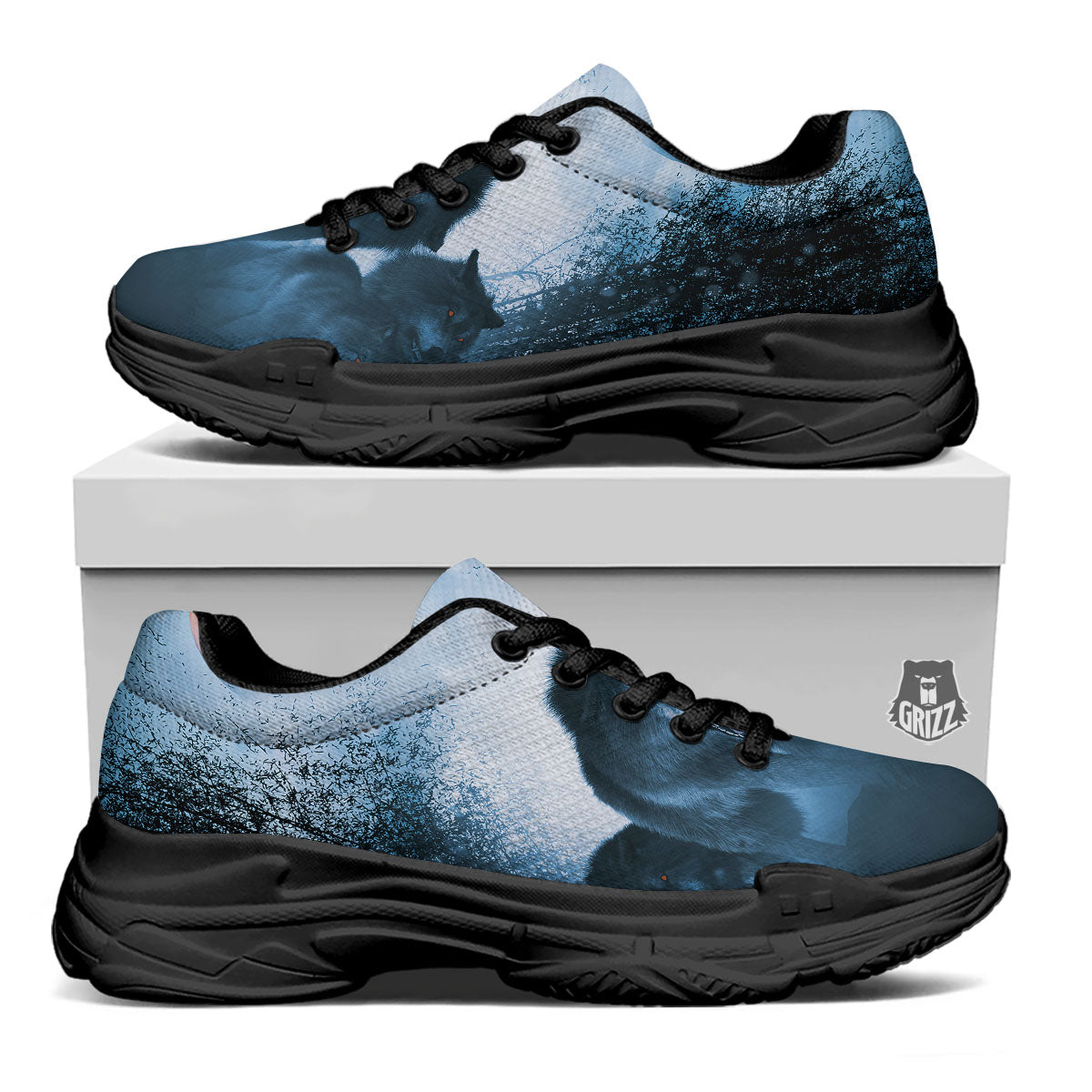 Full Moon And Wolf In The Forest Print Black Chunky Shoes-grizzshop