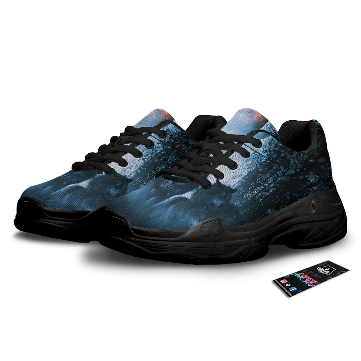 Full Moon And Wolf In The Forest Print Black Chunky Shoes-grizzshop