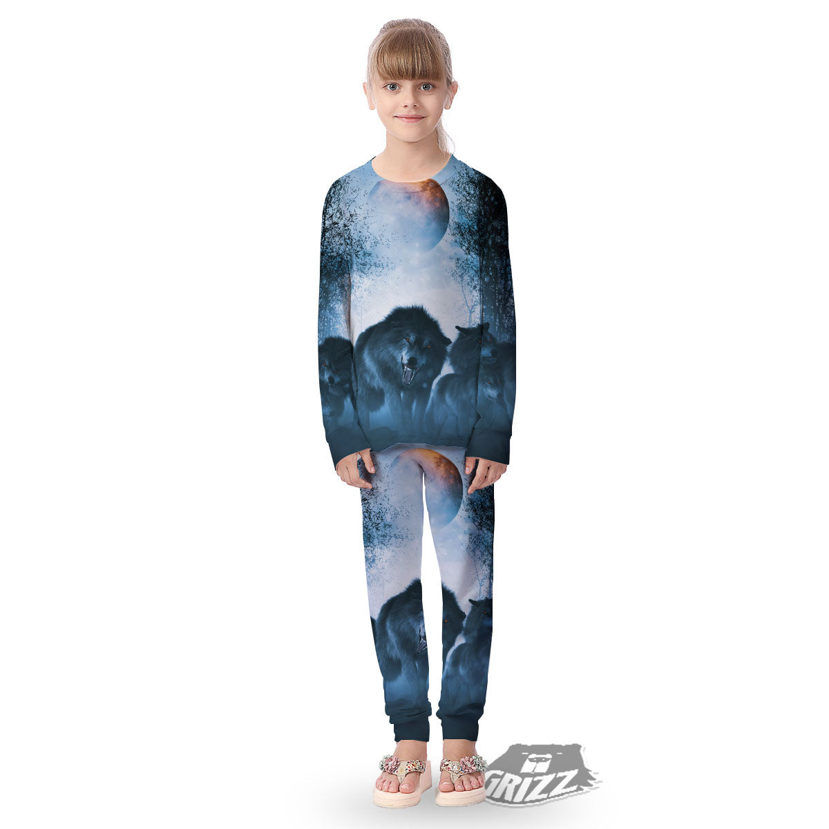 Full Moon And Wolf In The Forest Print Kid's Pajamas-grizzshop