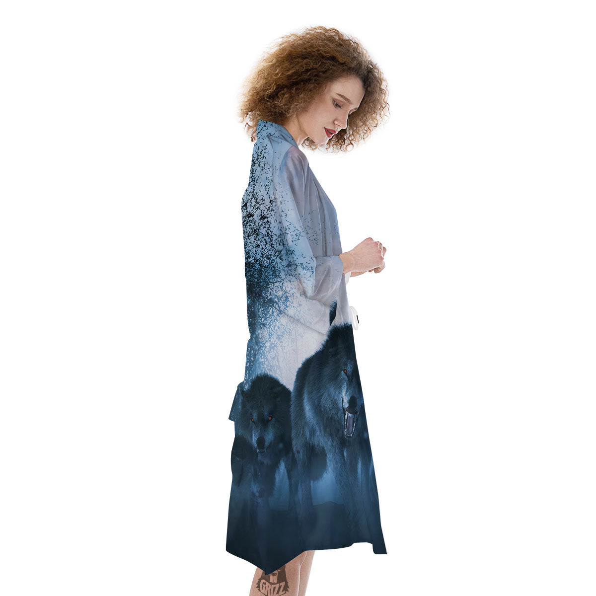 Full Moon And Wolf In The Forest Print Kimono-grizzshop