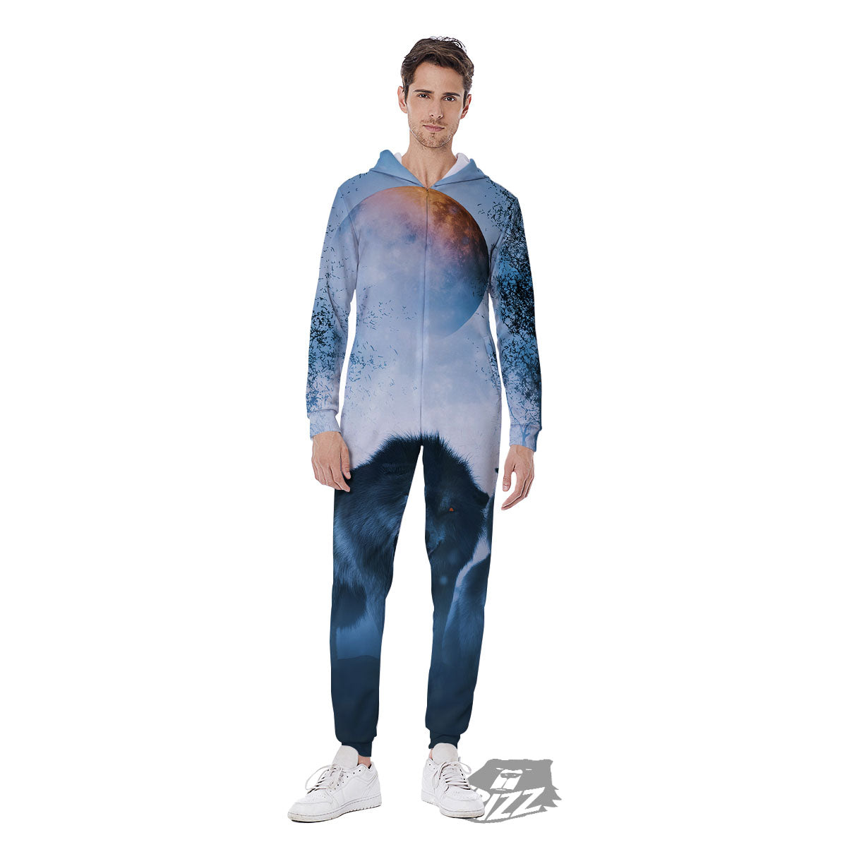 Full Moon And Wolf In The Forest Print Men's Jumpsuit-grizzshop