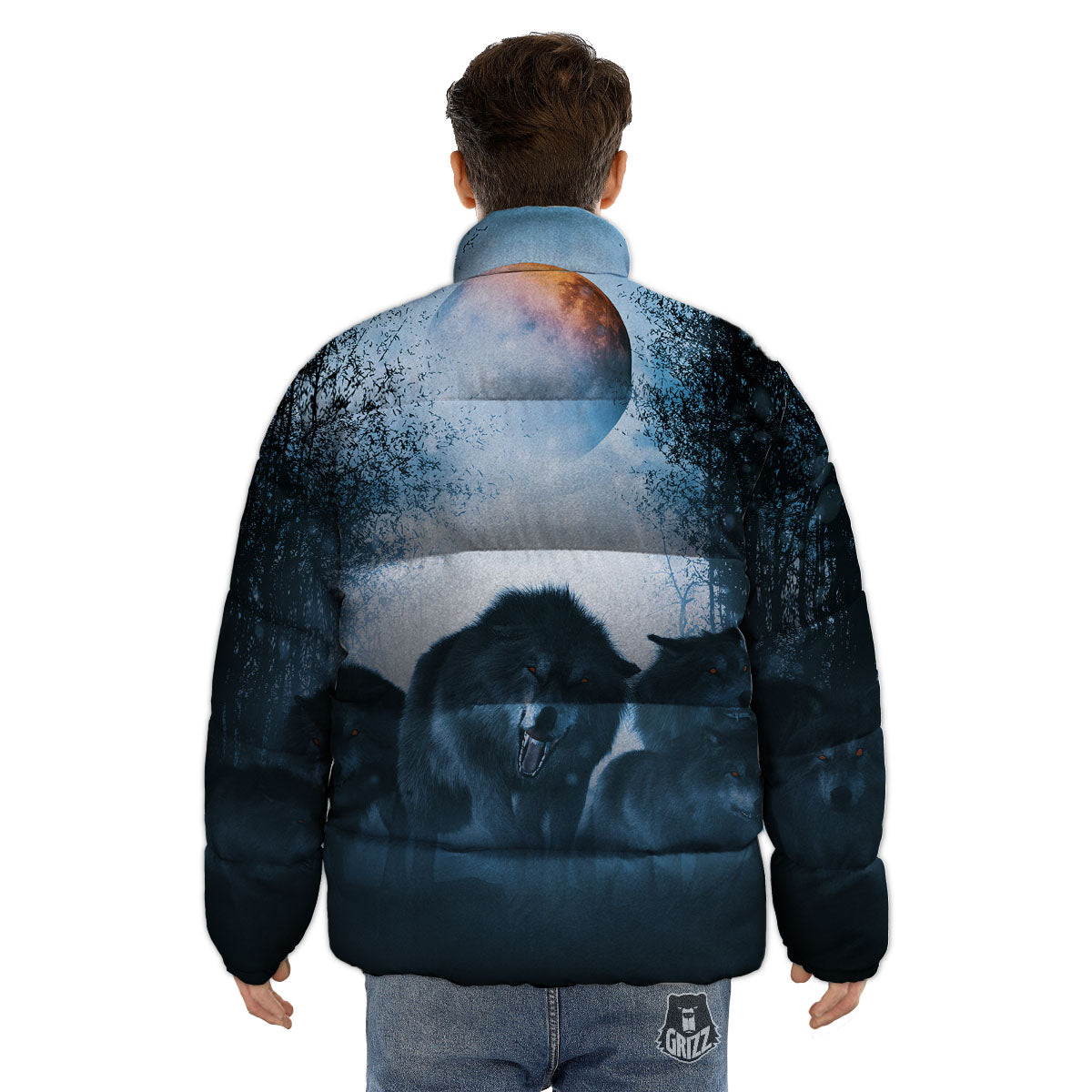 Full Moon And Wolf In The Forest Print Puffer Jacket-grizzshop
