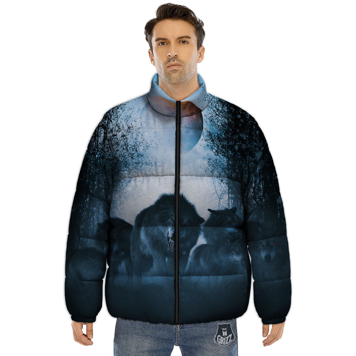Full Moon And Wolf In The Forest Print Puffer Jacket-grizzshop