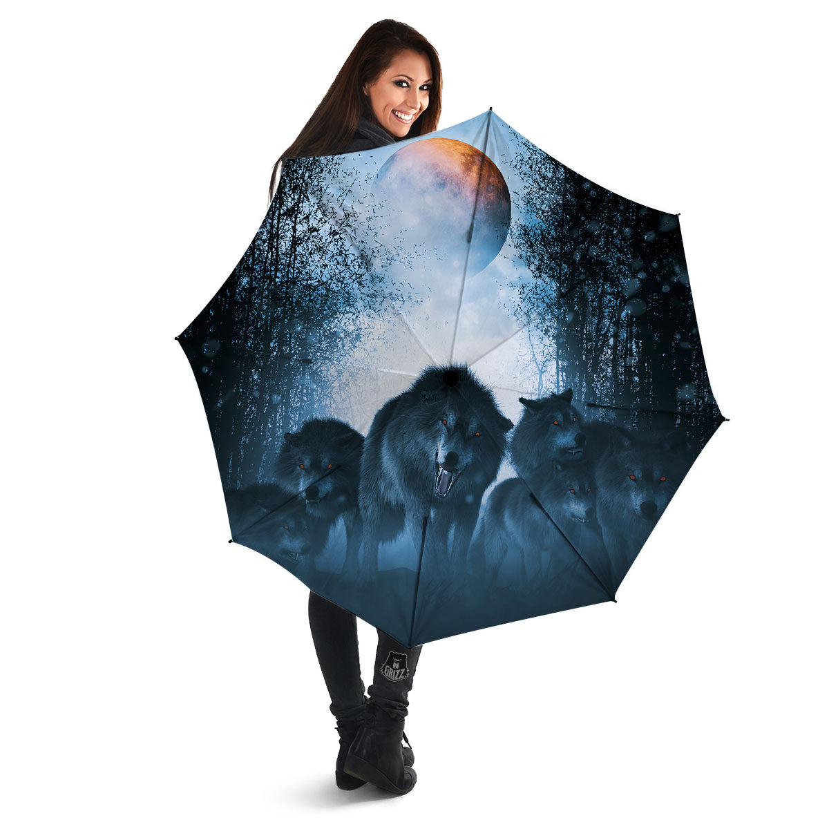 Full Moon And Wolf In The Forest Print Umbrella-grizzshop