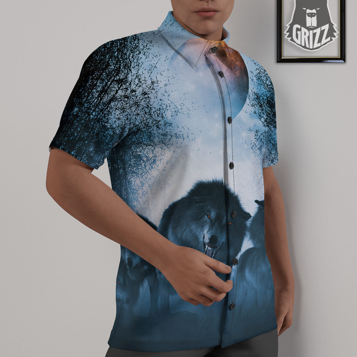 Full Moon And Wolf In The Forest Print Untucked Shirts-grizzshop