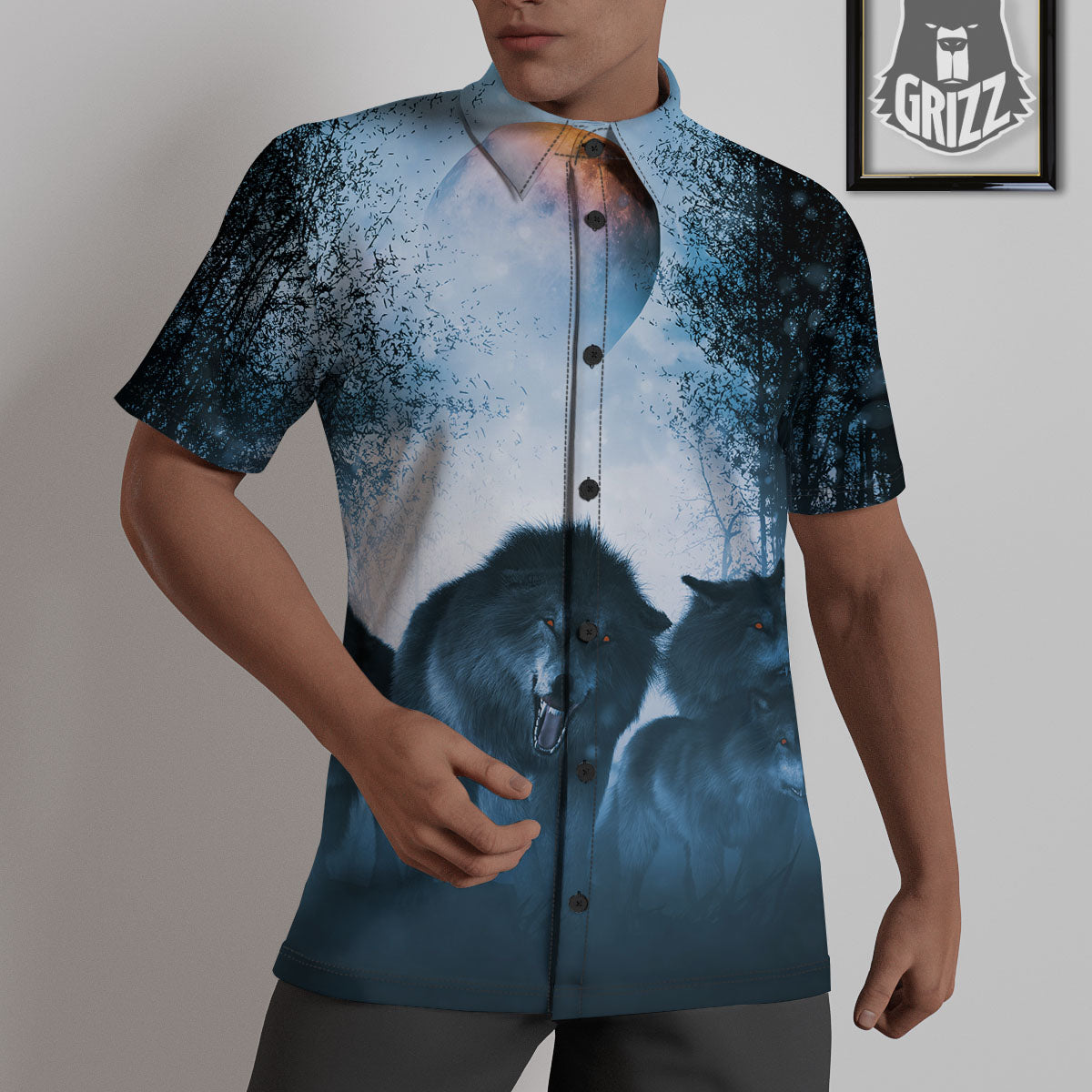 Full Moon And Wolf In The Forest Print Untucked Shirts-grizzshop