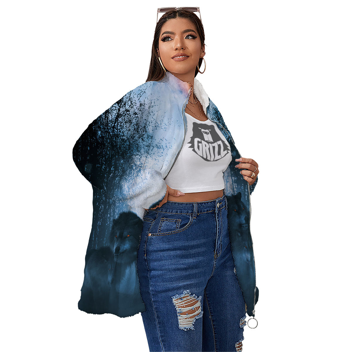 Full Moon And Wolf In The Forest Print Women's Sherpa Jacket-grizzshop