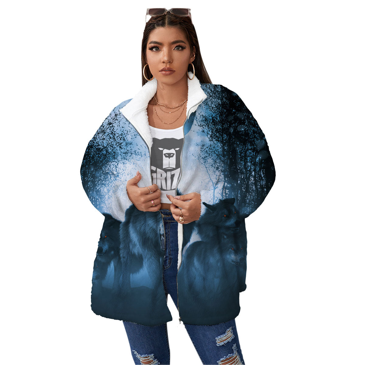 Full Moon And Wolf In The Forest Print Women's Sherpa Jacket-grizzshop