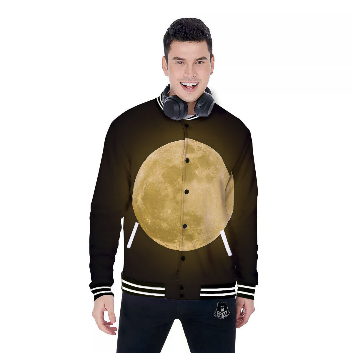 Full Moon Night Sky Print Baseball Jacket-grizzshop