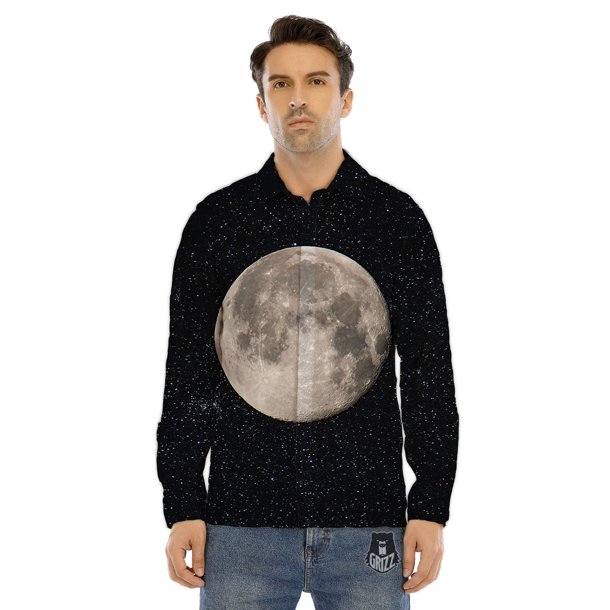Full Moon Print Men's Dress Shirts-grizzshop