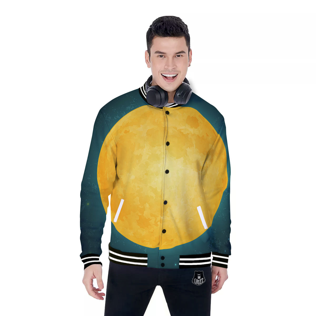 Full Moon Yellow Print Baseball Jacket-grizzshop